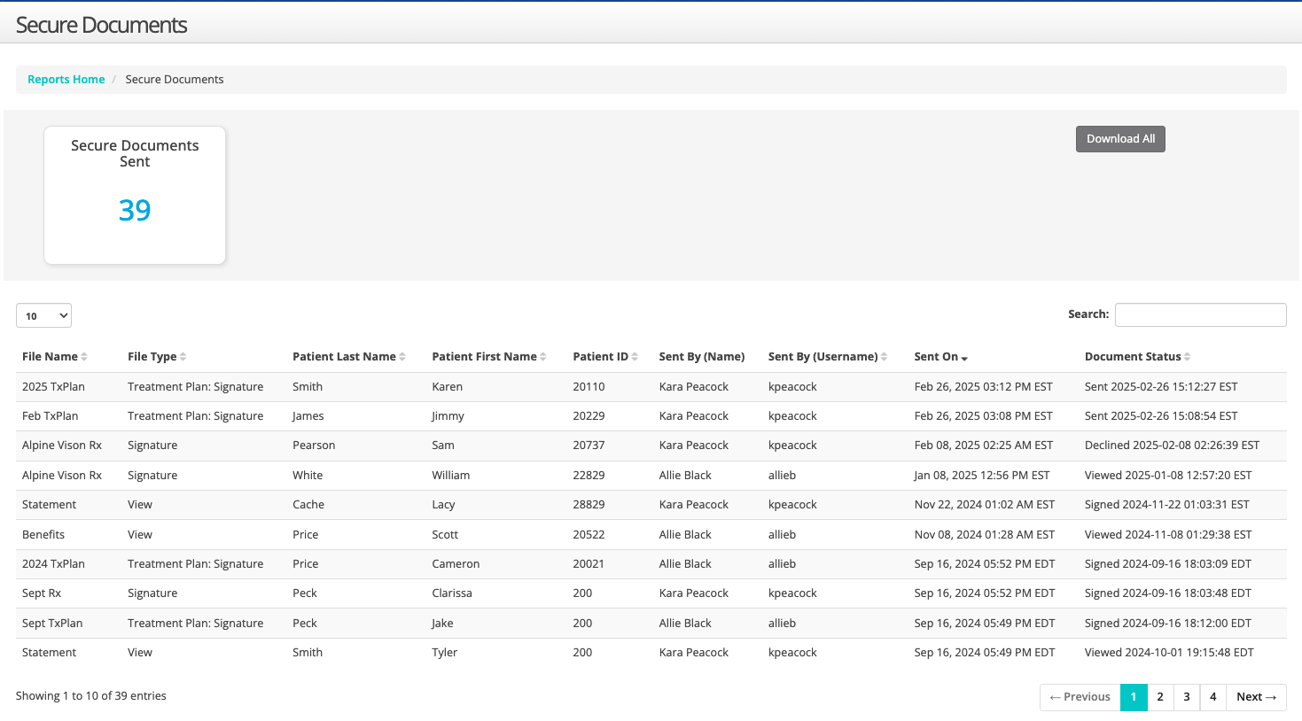 View a report of sent secure documents