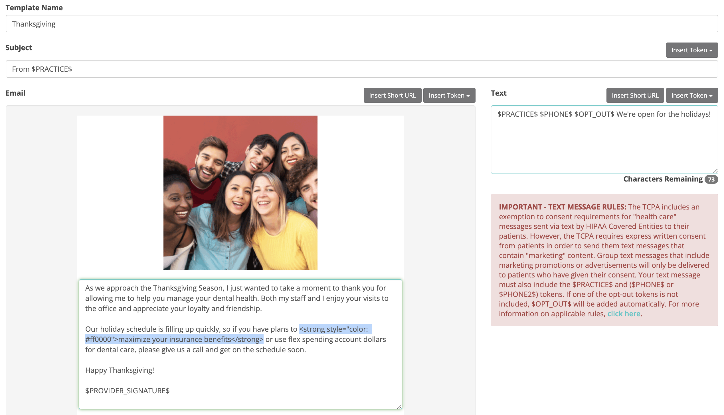 Change the color or format of text in a group message email