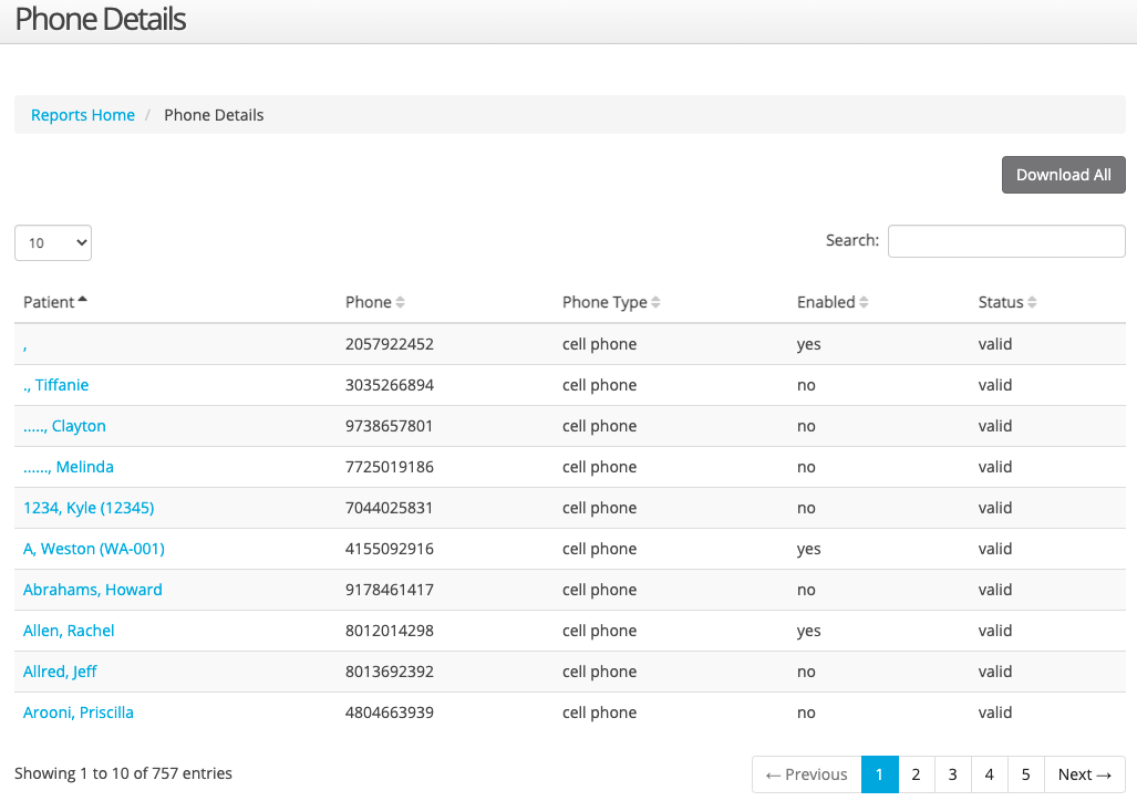 View a report of all patient phone numbers and types